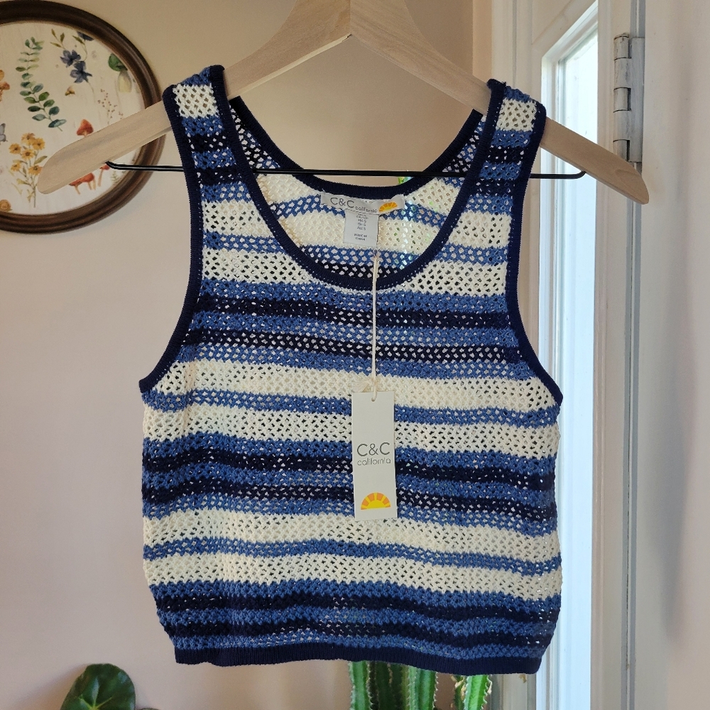 C&C California Blue and White Striped Crochet Tank Top